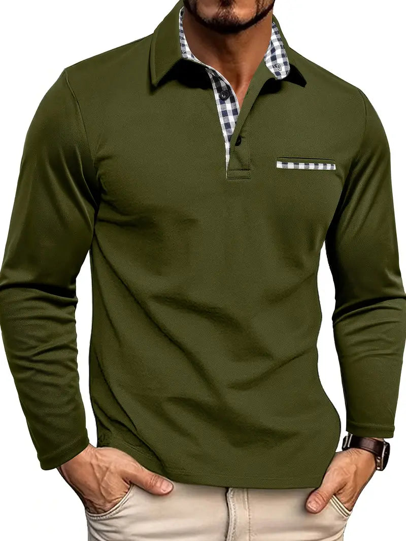 Long Sleeve Polo Shirt with Checked Contrast Collar