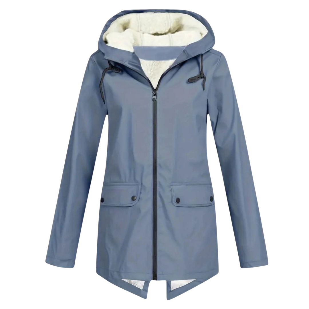 Women's waterproof fleece-lined jacket with adjustable hood and fish-tail hem