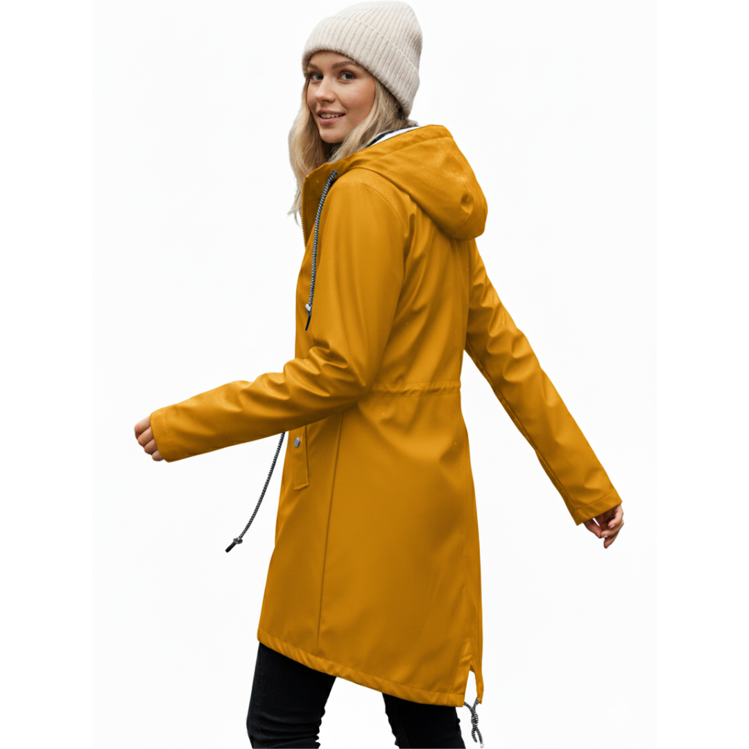 Women's waterproof rain coat with hood and adjustable drawcords