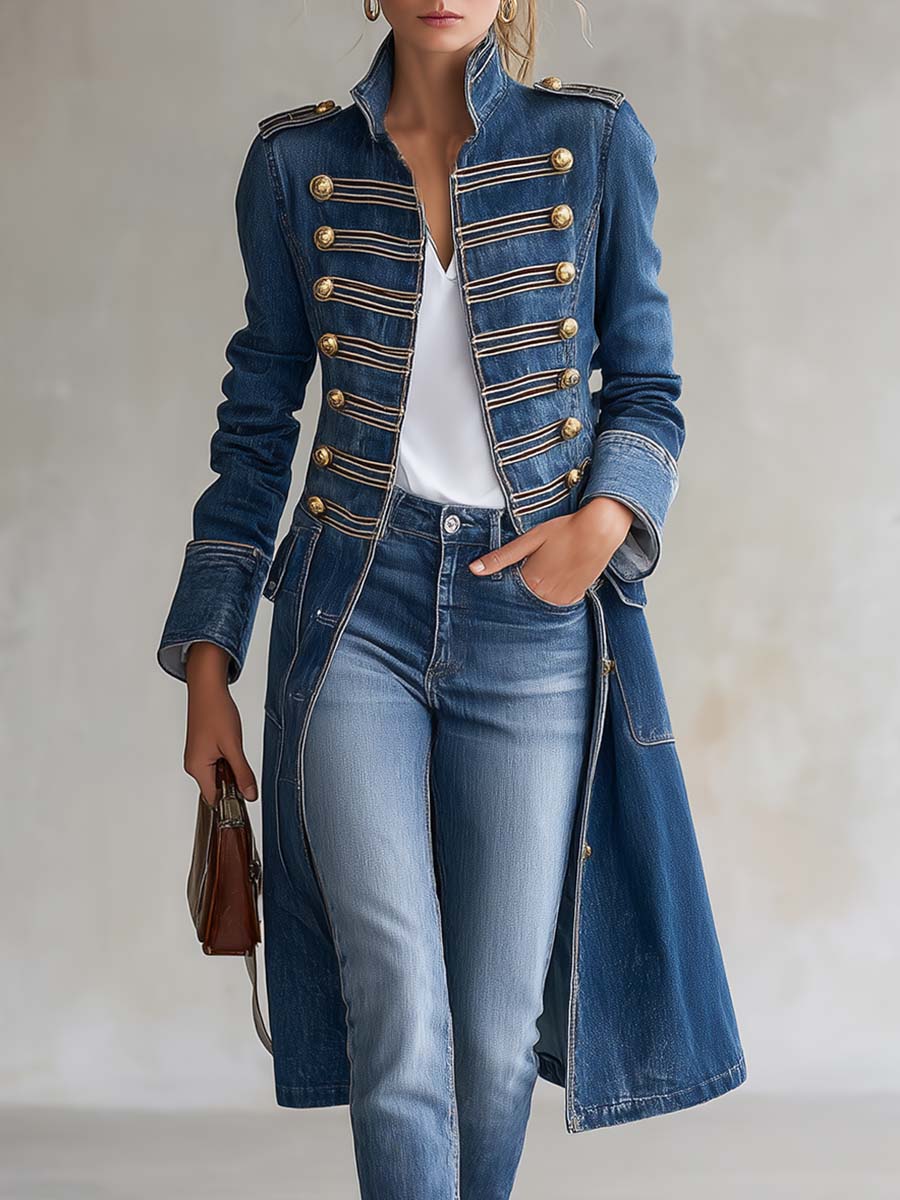 Long Fitted Military Style Denim Coat with Gold Buttons