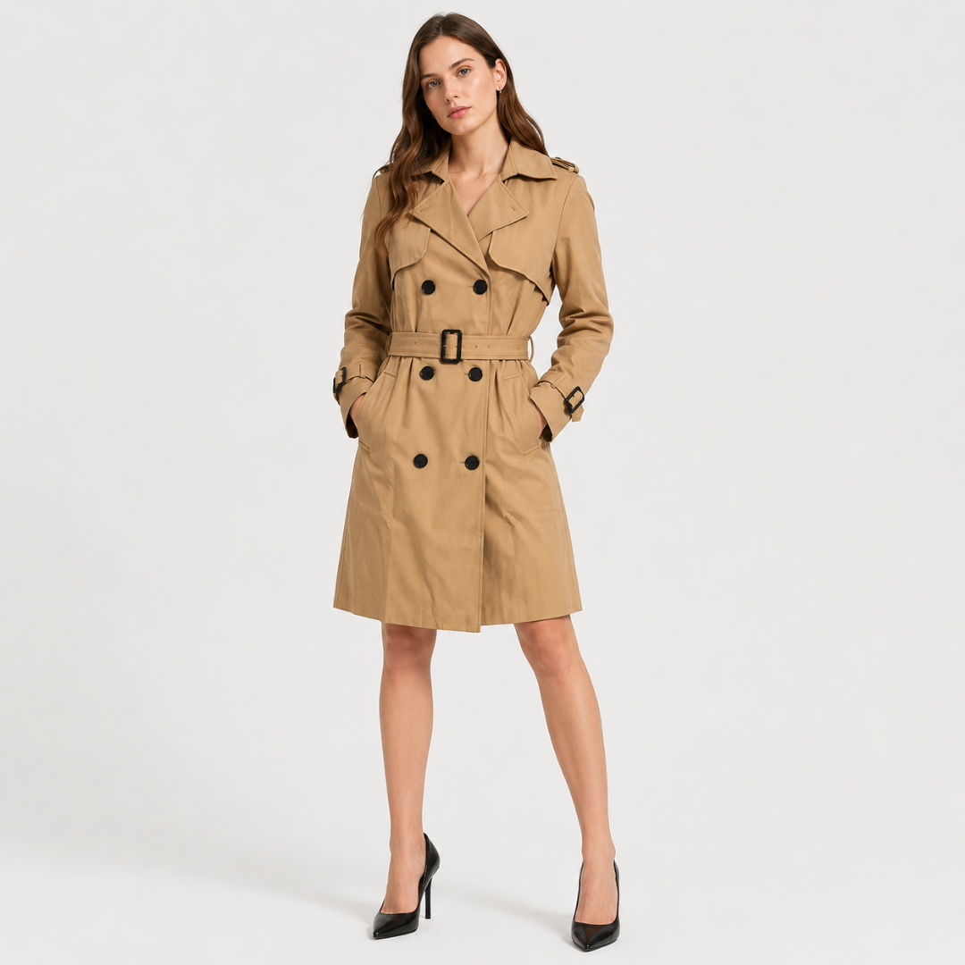Celrien | Women's Long Double-Breasted Trench Coat with Belt