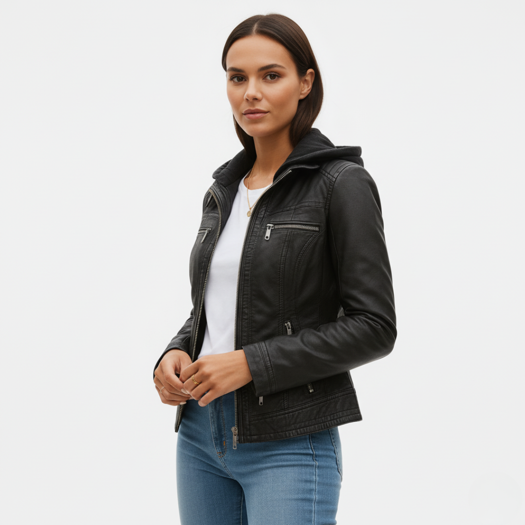 Women's water-resistant biker jacket with vegan leather and removable hood