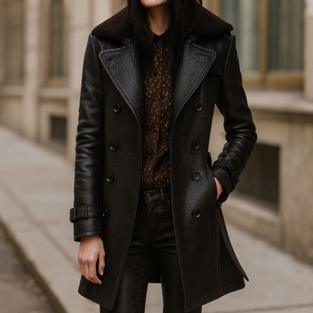 Celrien | NoirÉlégance Three-Quarter Length Tailored Women's Coat in Leather Look