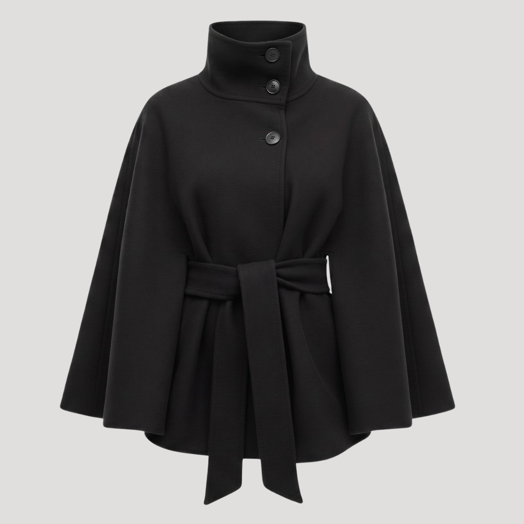 Belted Cape Coat with Stand Collar