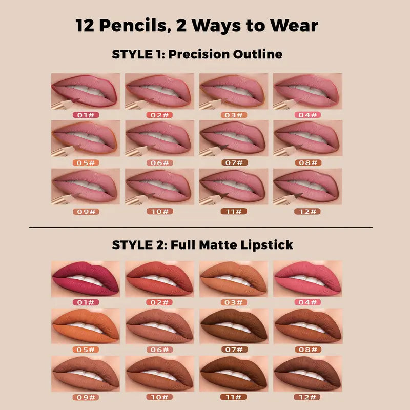 12 Pcs Matte Lip Liner Set with Sharpener, Blendable Lip Pencil