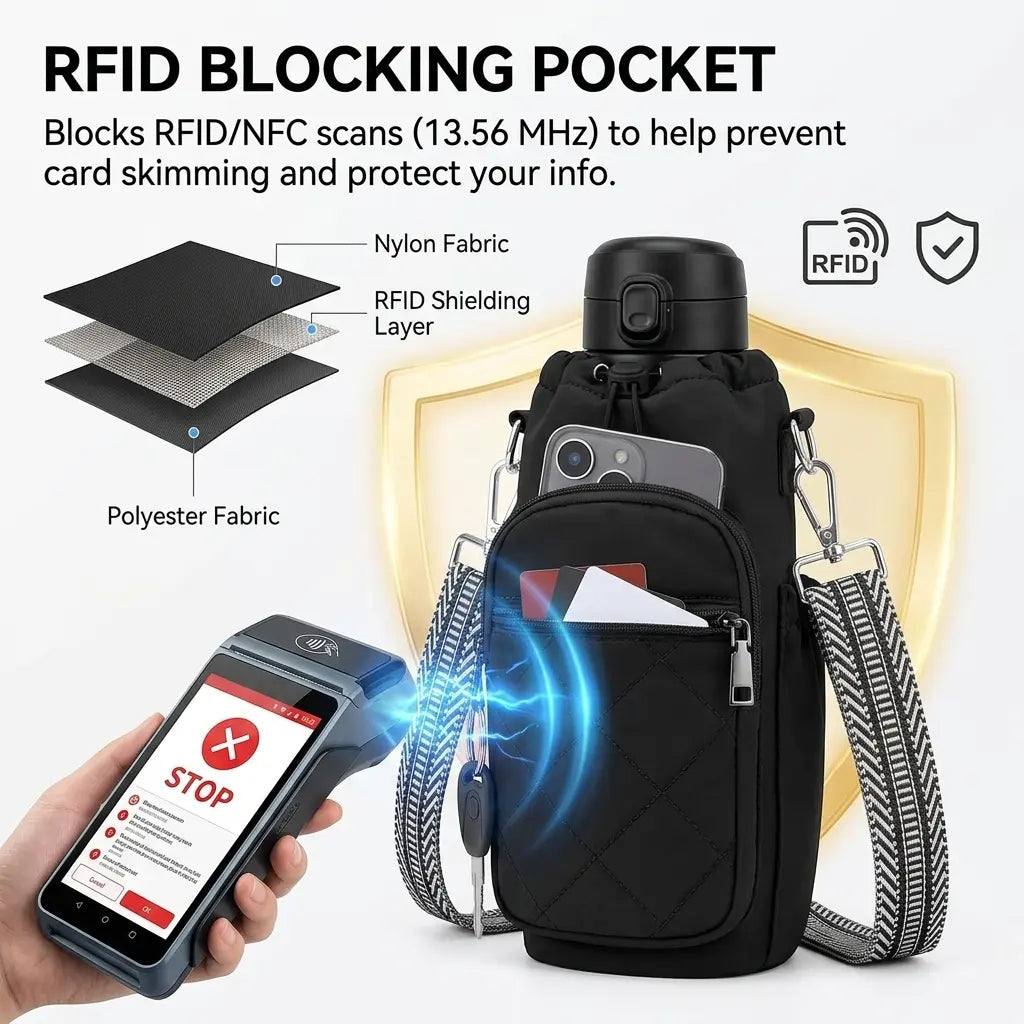 Water Bottle Bag Crossbody, Insulated Water Bottle Purse Crossbody Water Bottle Holder with Strap