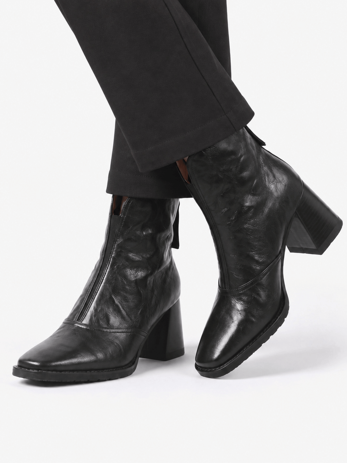 Women's Leather Ankle Boots with Block Heel and Zipper