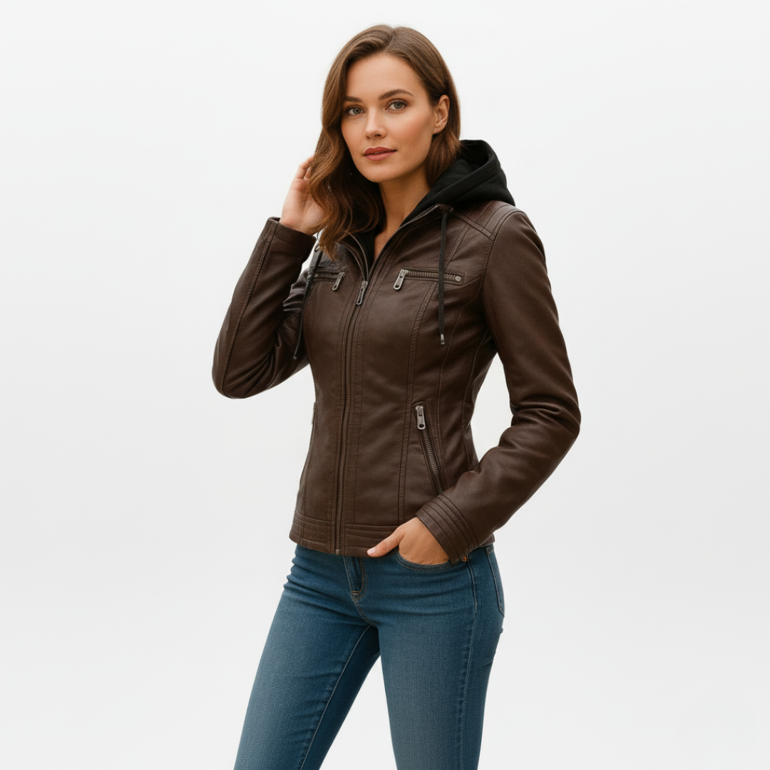 Women's water-resistant biker jacket with vegan leather and removable hood