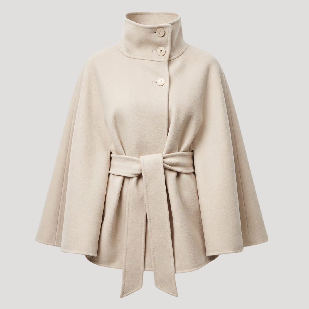 Belted Cape Coat with Stand Collar