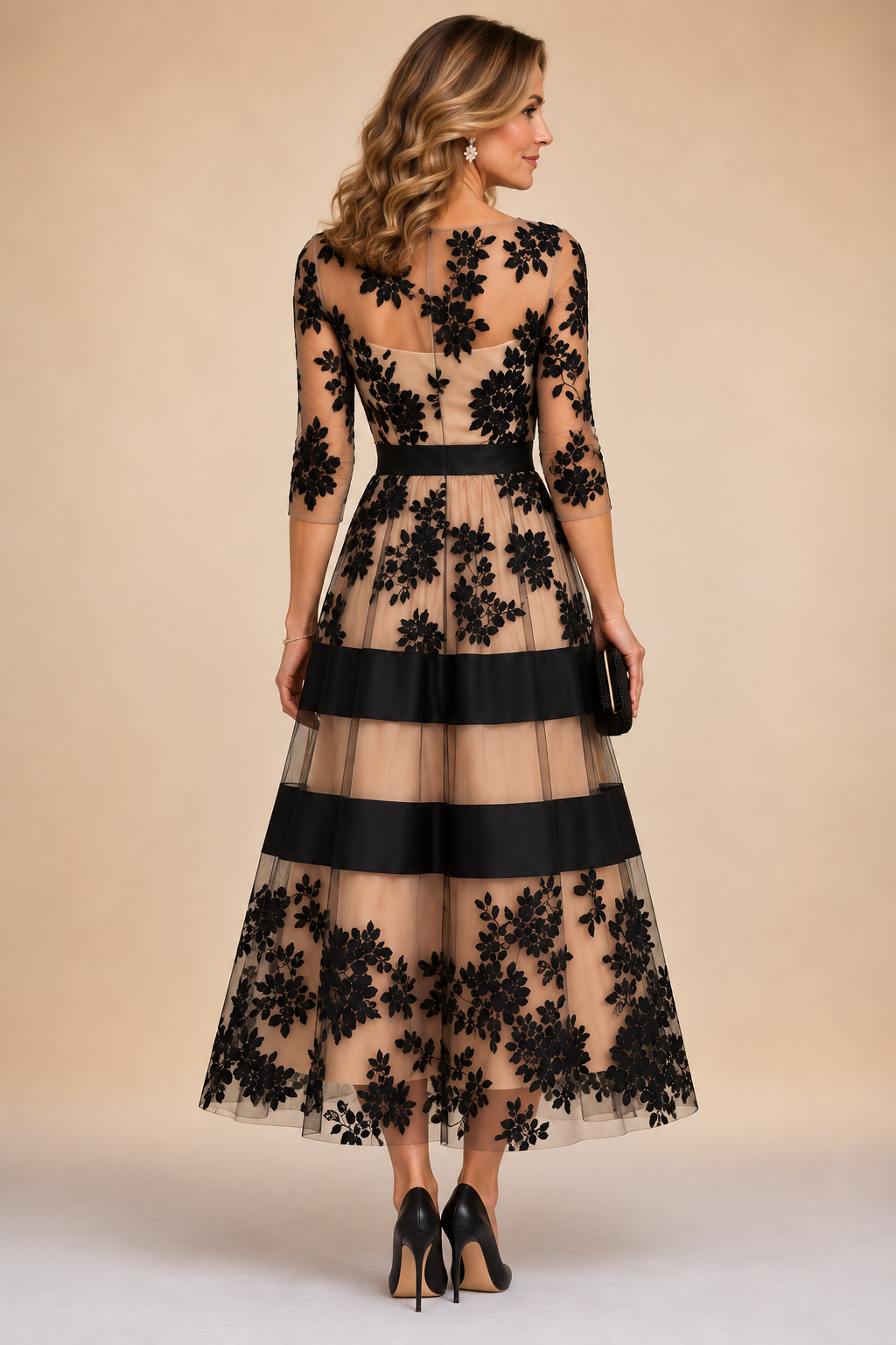 Floral Lace Midi Evening Dress