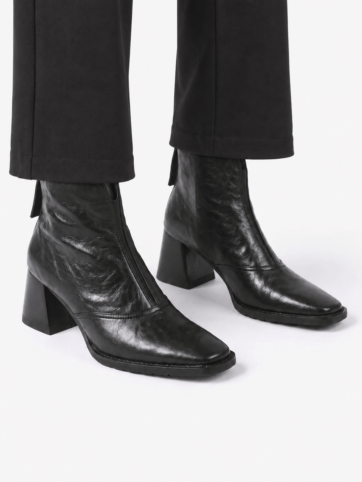 Women's Leather Ankle Boots with Block Heel and Zipper