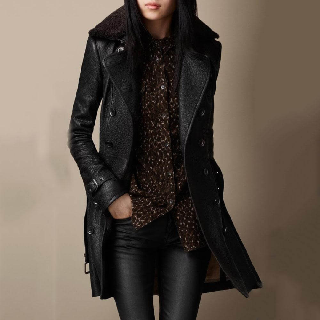 Celrien | NoirÉlégance Three-Quarter Length Tailored Women's Coat in Leather Look