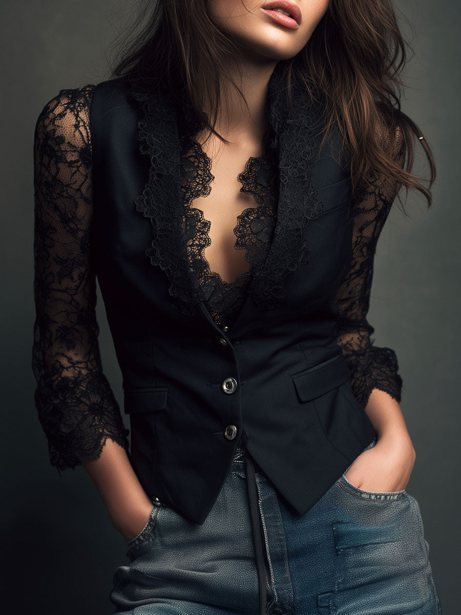 High Black Blazer with Semi-Sheer Sleeves