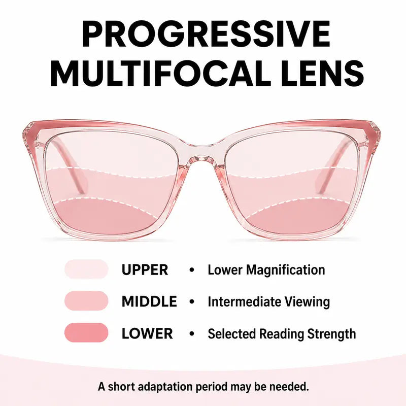 Progressive Photochromic Readers for Women, Pink Square Multifocal Reading Glasses