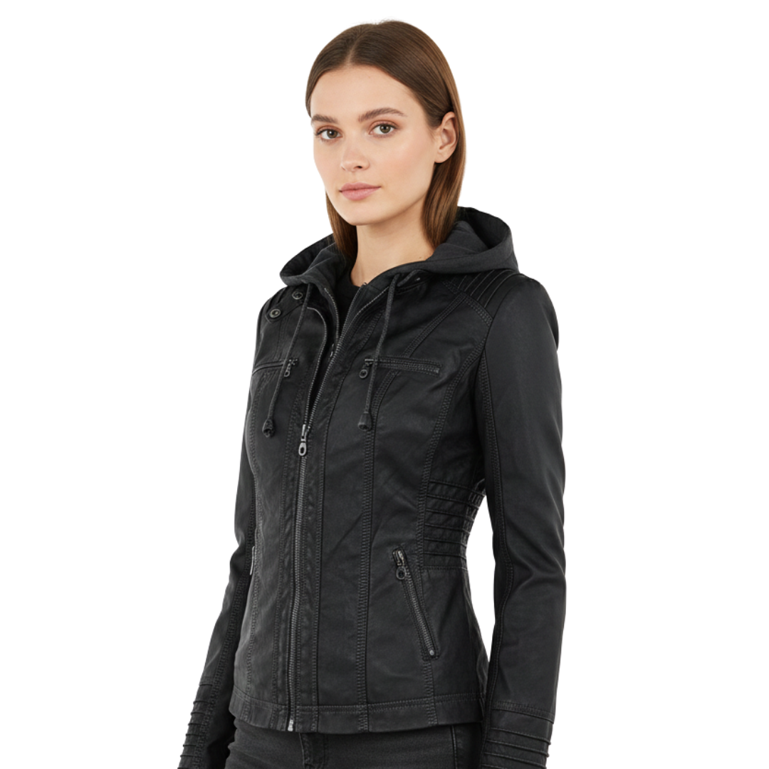 Celrien | Women's Biker Jacket Vegan Leather Removable Hood