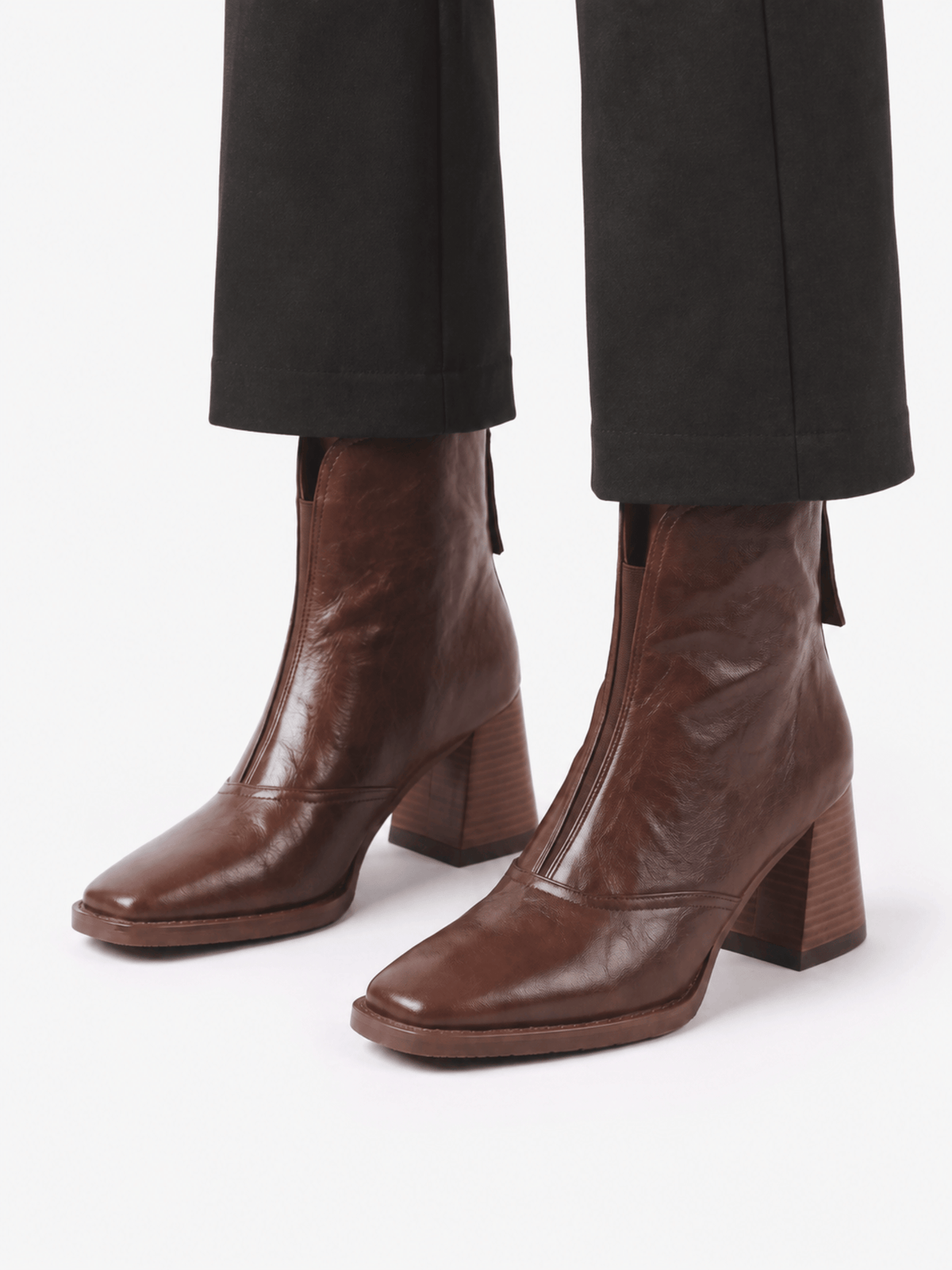 Women's Leather Ankle Boots with Block Heel and Zipper