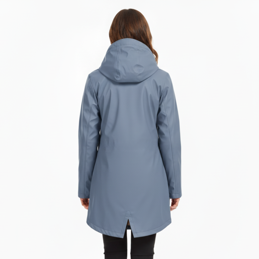 Women's waterproof fleece-lined jacket with adjustable hood and fish-tail hem