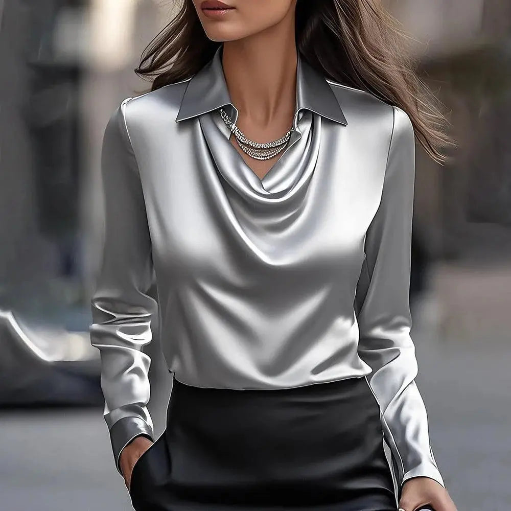 Elegant Silk Blouse for Women with High Collar, Long Sleeves, Breathable and Comfortable