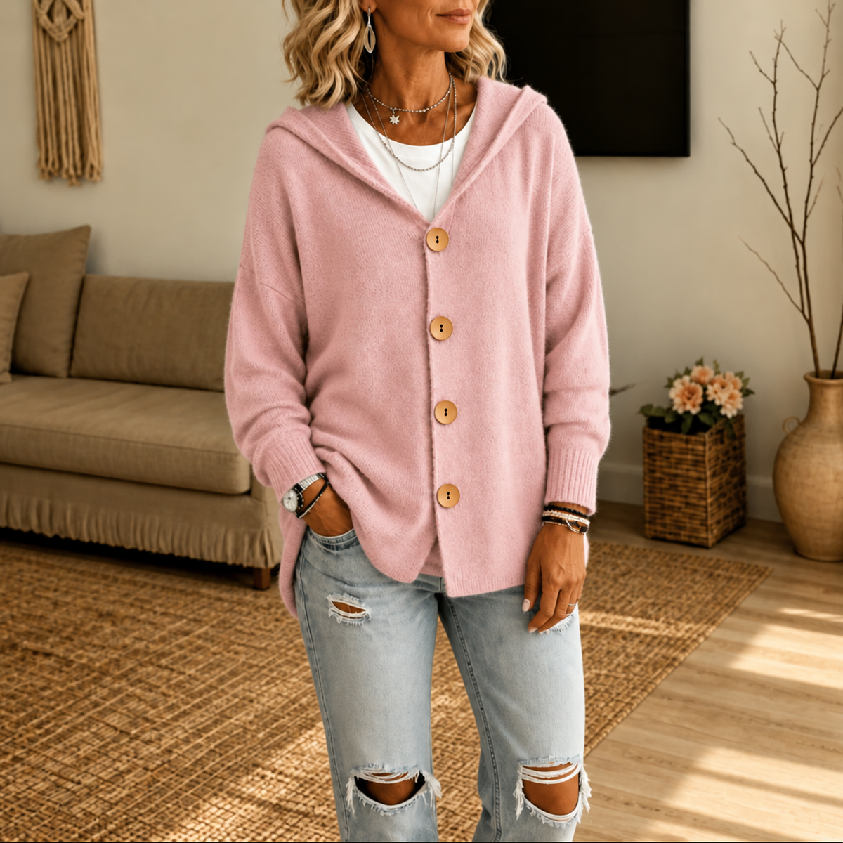 Hooded Waffle-Knit Button-Front Cardigan