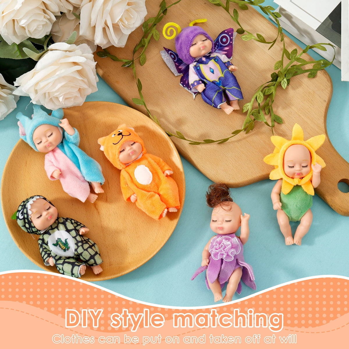 6-Piece Mini Baby Doll Set with Butterfly and Flower Outfits, 4 Inch