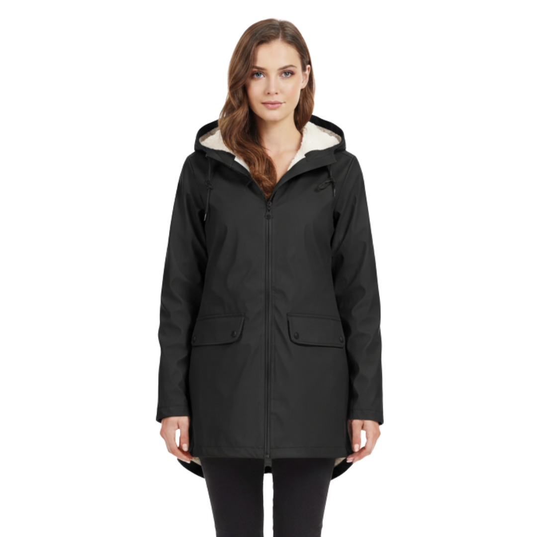 Women's waterproof fleece-lined jacket with adjustable hood and fish-tail hem