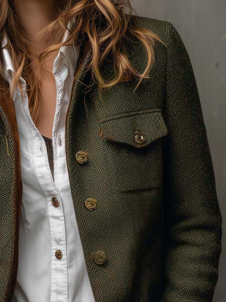 Honorine Vintage Chevron Blazer with Contrasting Trim