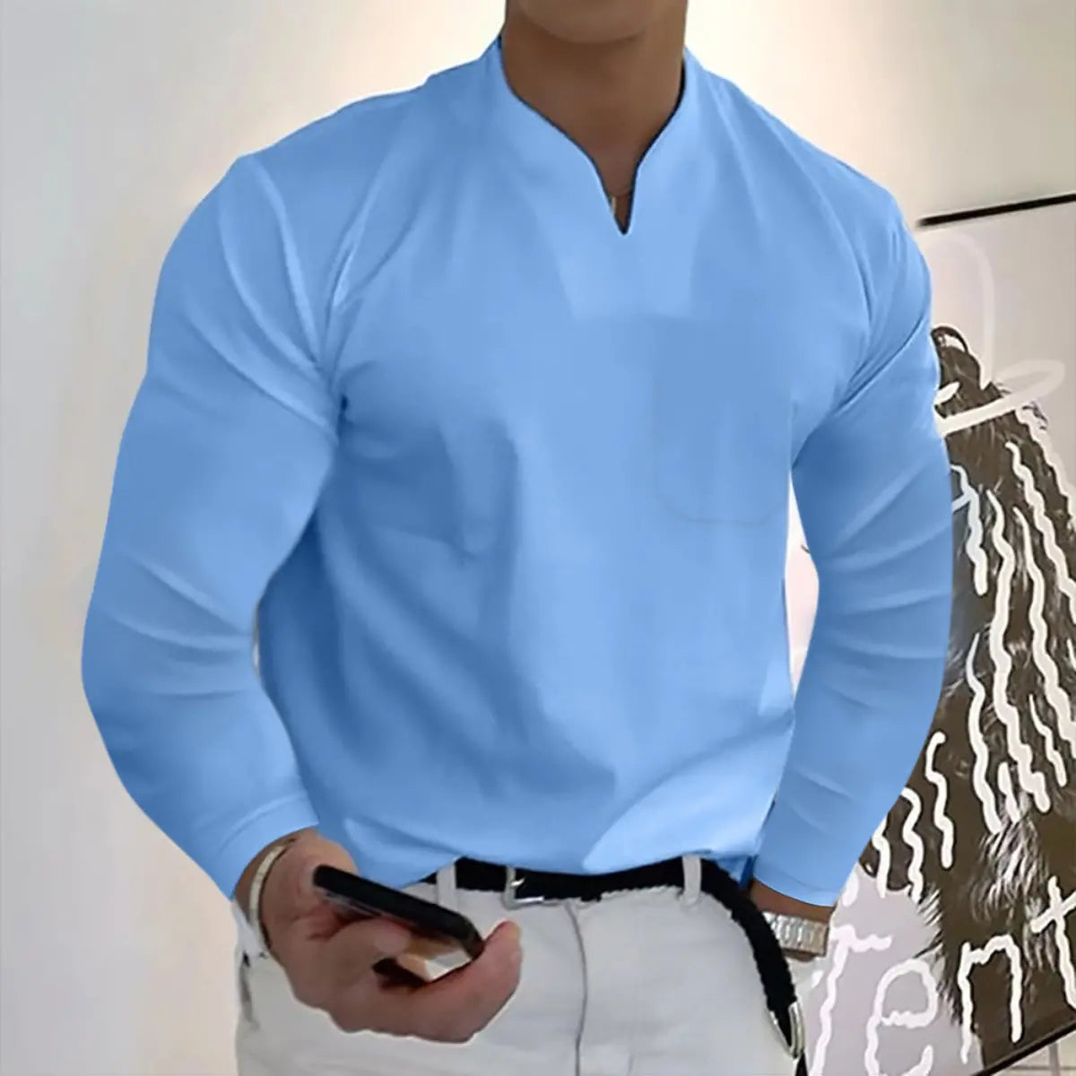 Men's Cotton Long Sleeve V-Neck Sports T-Shirt