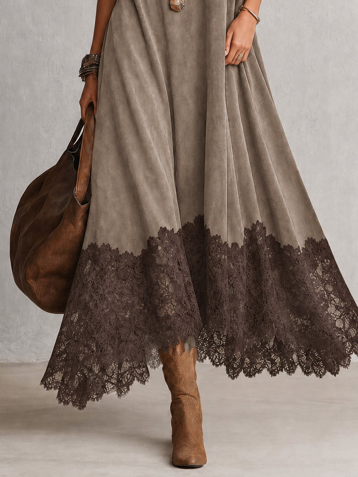 A-Line High-Neck Dress with Lace Panels and Long Sleeves
