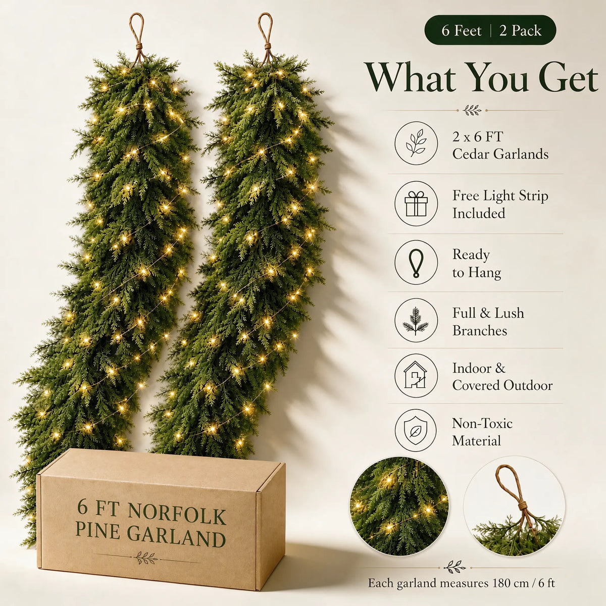 6 FT 2 PCS Artificial Cedar Garlands, Real Touch Winter Cedar Garland