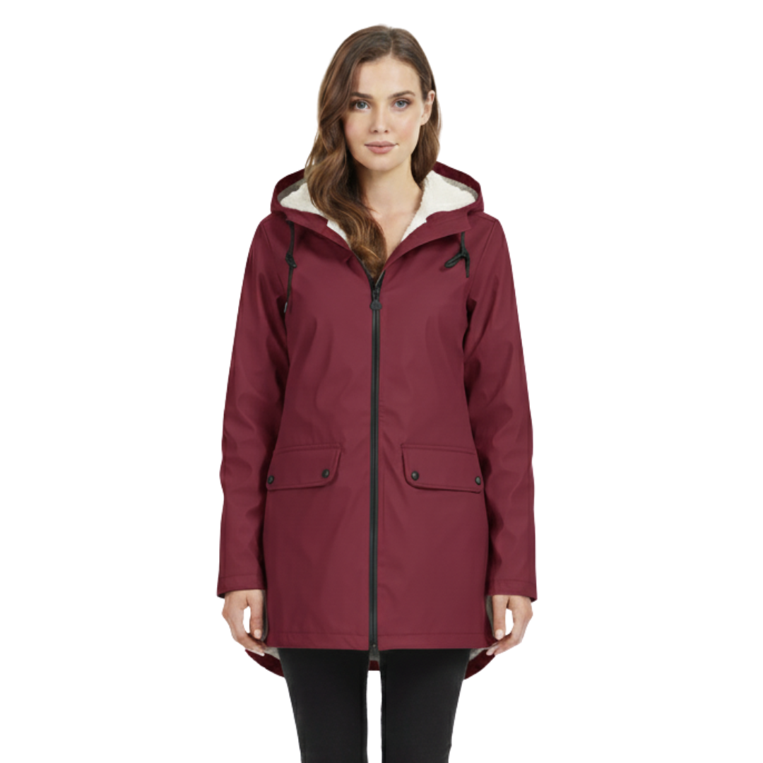 Women's waterproof fleece-lined jacket with adjustable hood and fish-tail hem