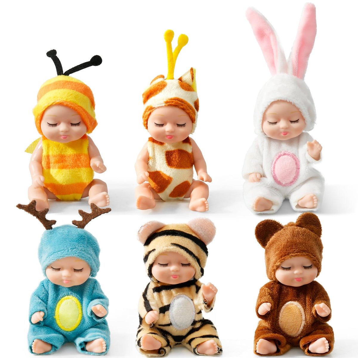 6-Piece Mini Reborn Baby Doll Set with Animal Outfits