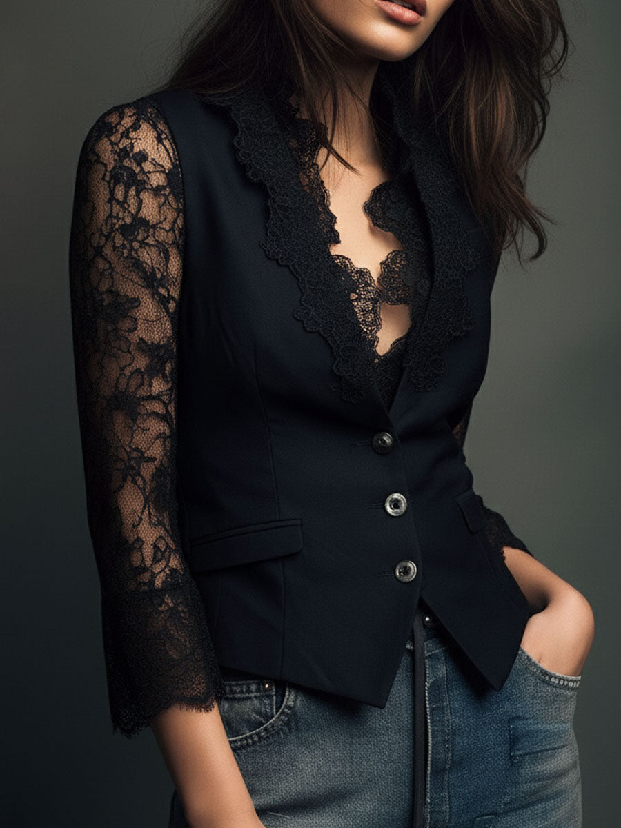 High Black Blazer with Semi-Sheer Sleeves