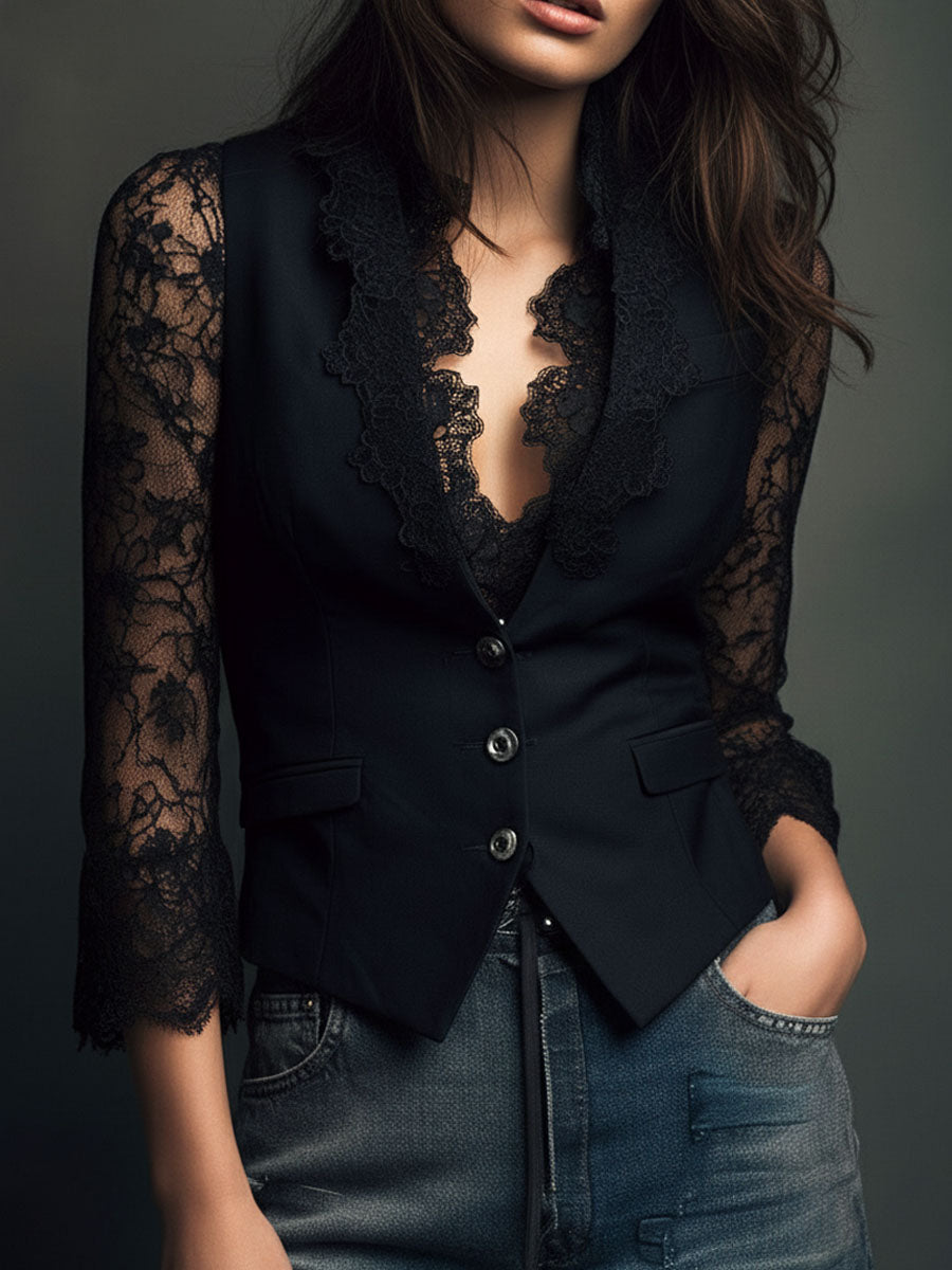 High Black Blazer with Semi-Sheer Sleeves