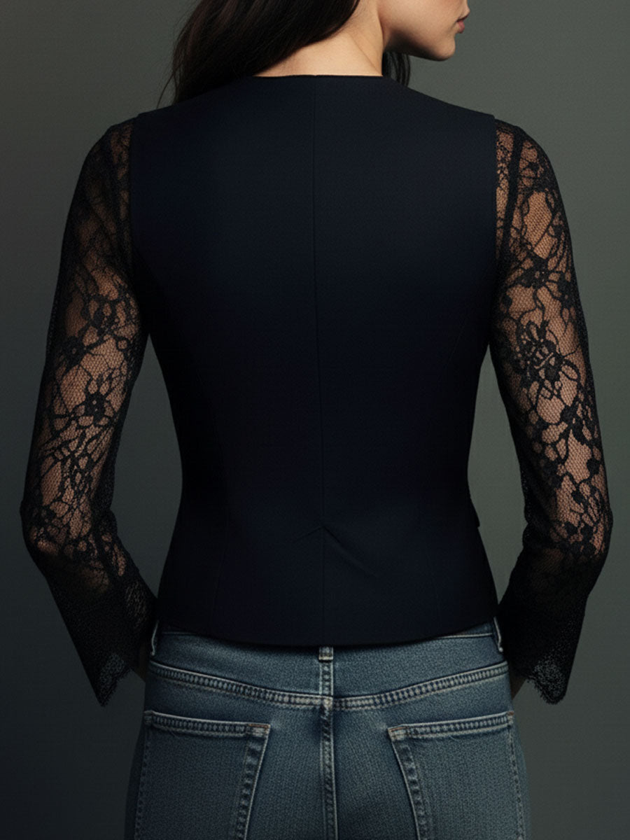 High Black Blazer with Semi-Sheer Sleeves