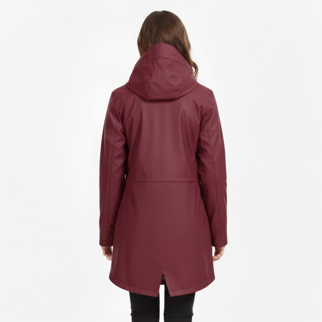 Women's waterproof fleece-lined jacket with adjustable hood and fish-tail hem