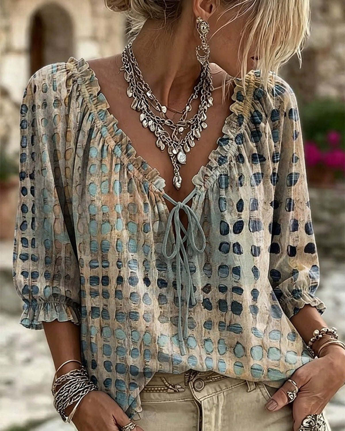 Boho Print Tie-Neck Blouse