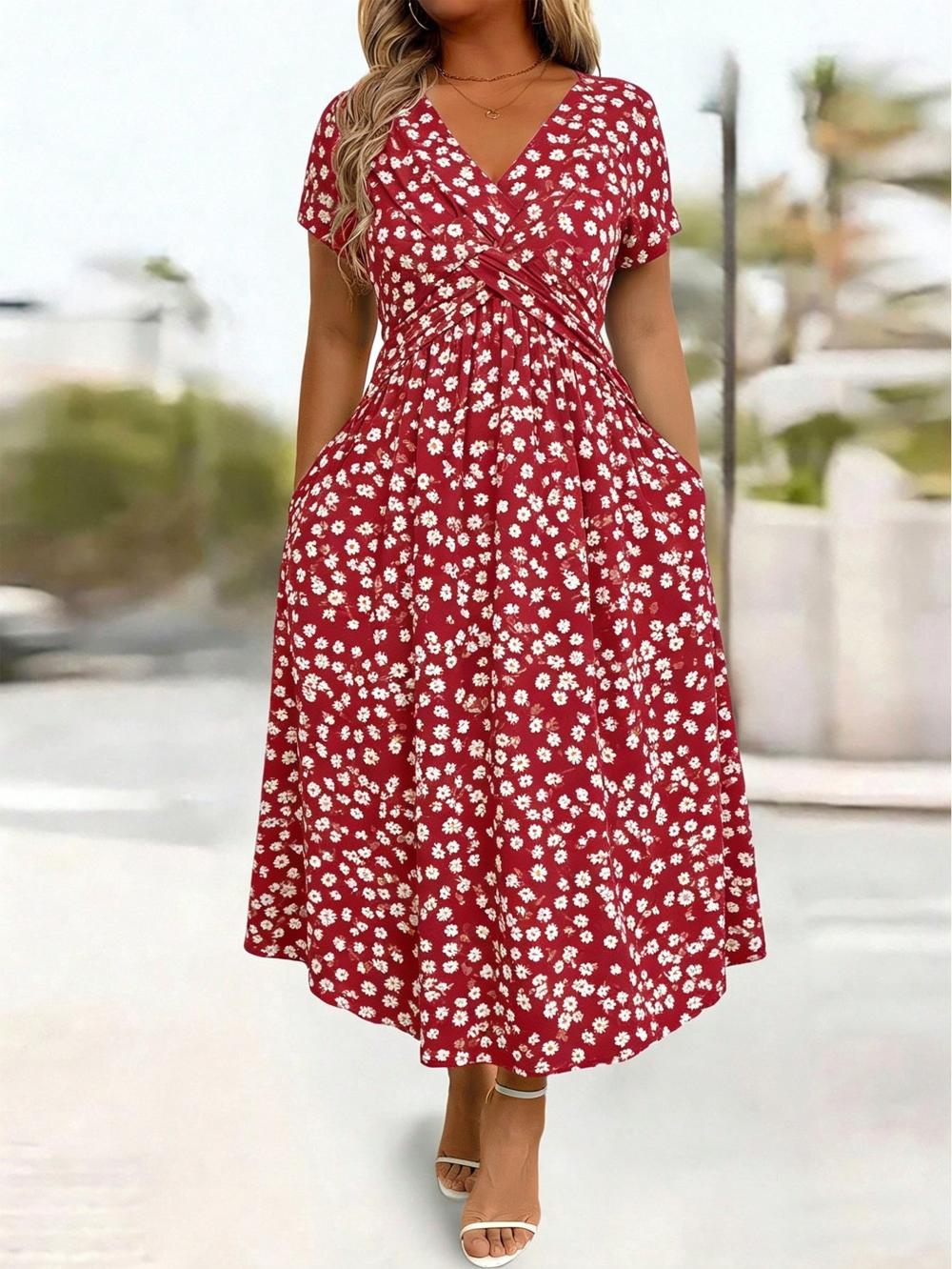 Women's V-Neck Floral Print Dress with Twist Waist