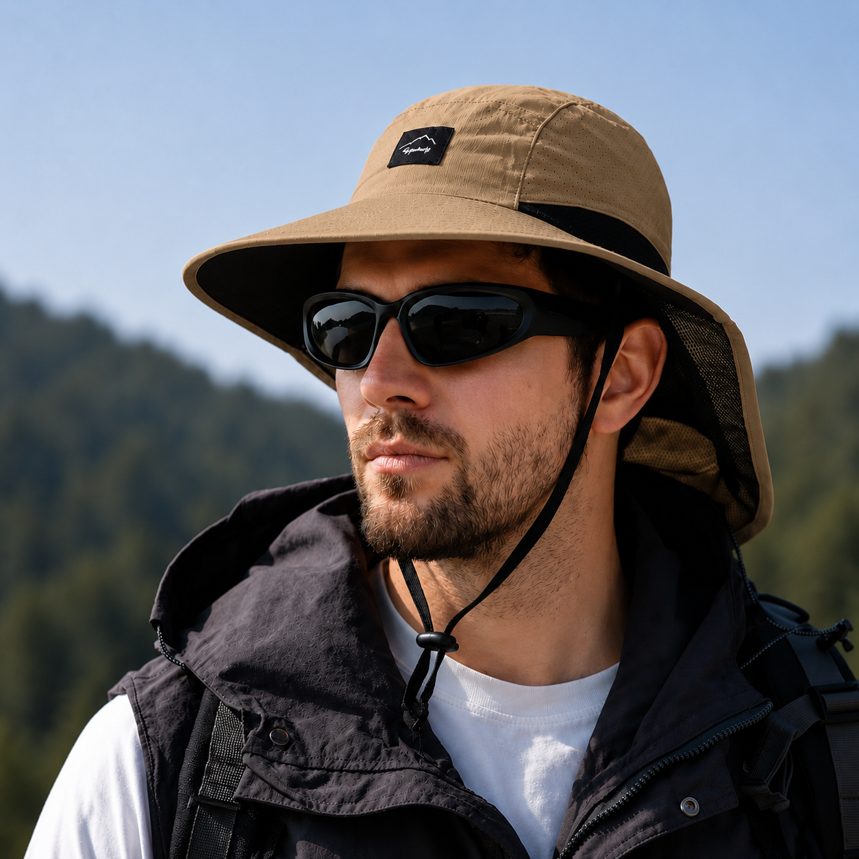 Fishing hat with wide brim and neck flap for full sun protection