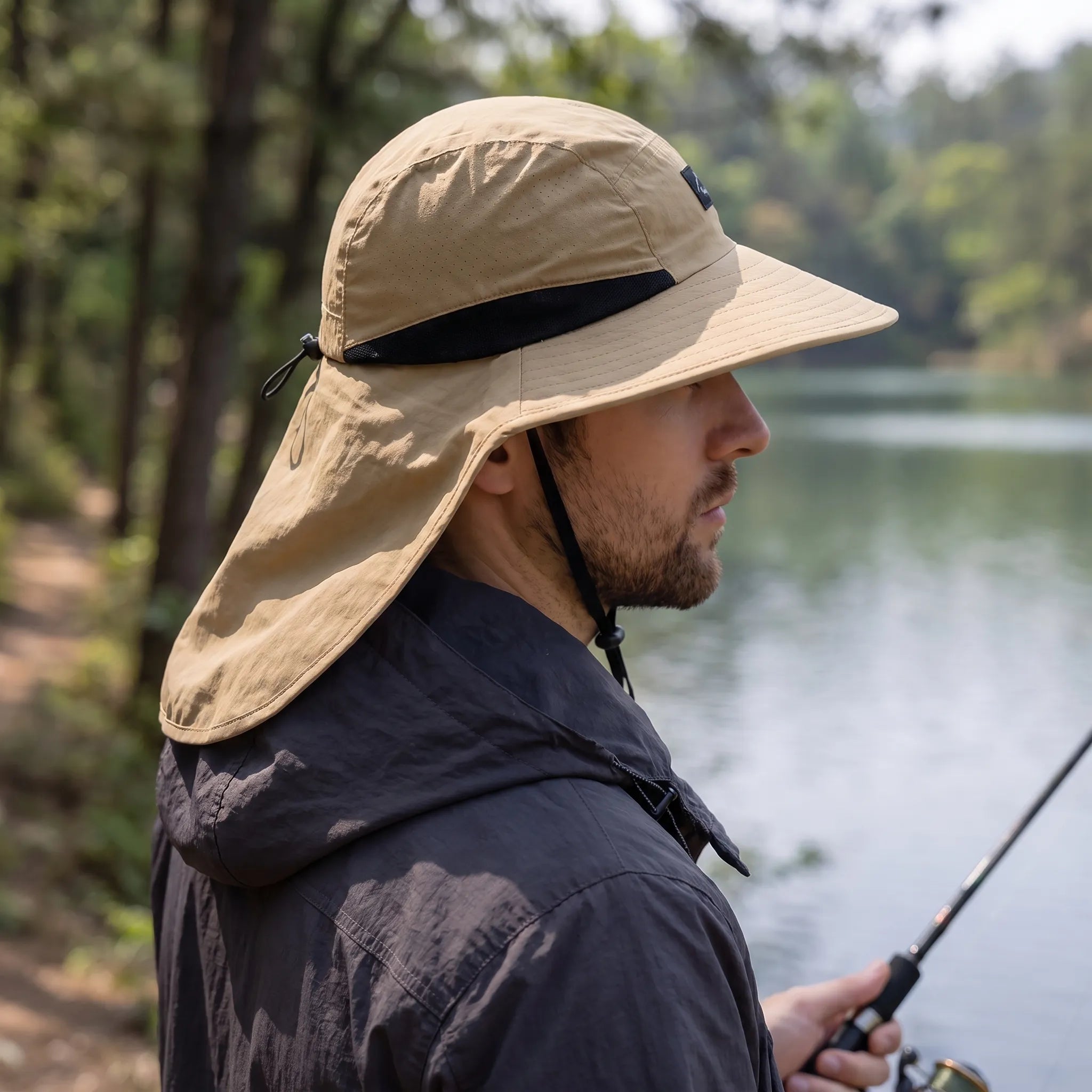 Fishing hat with wide brim and neck flap for full sun protection