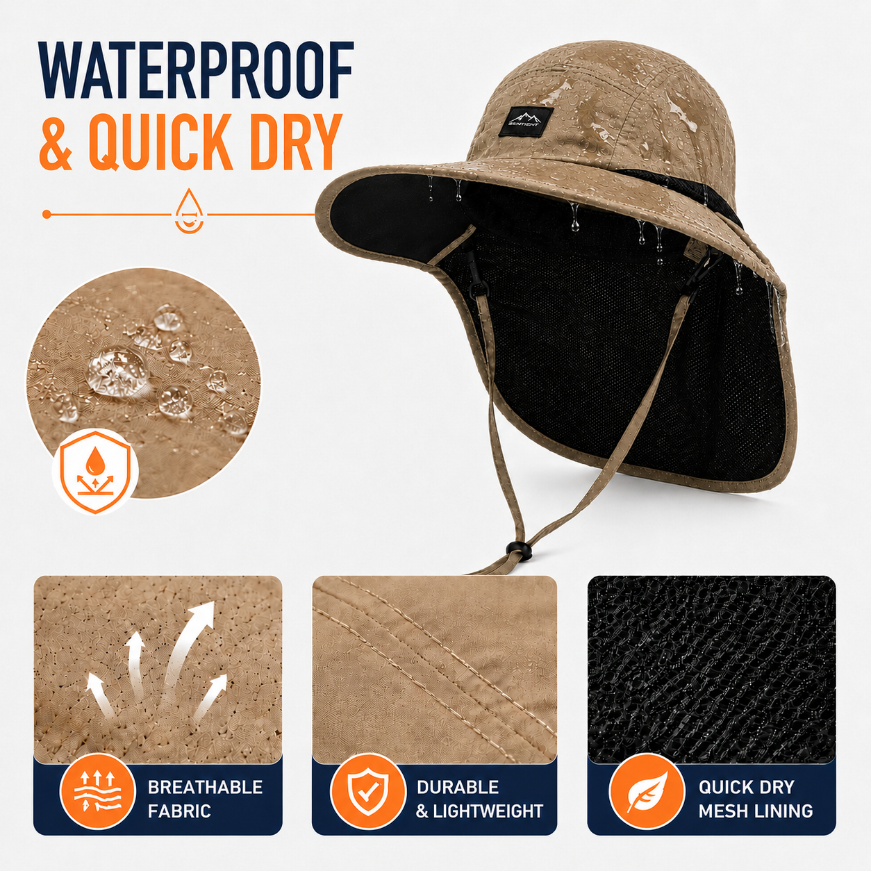Gardening sun hat with wide brim and full-length neck flap UPF 50+