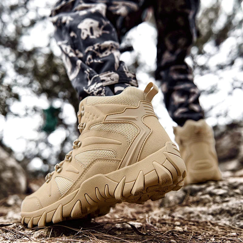 High hiking boot with ankle support and deep lug sole pattern