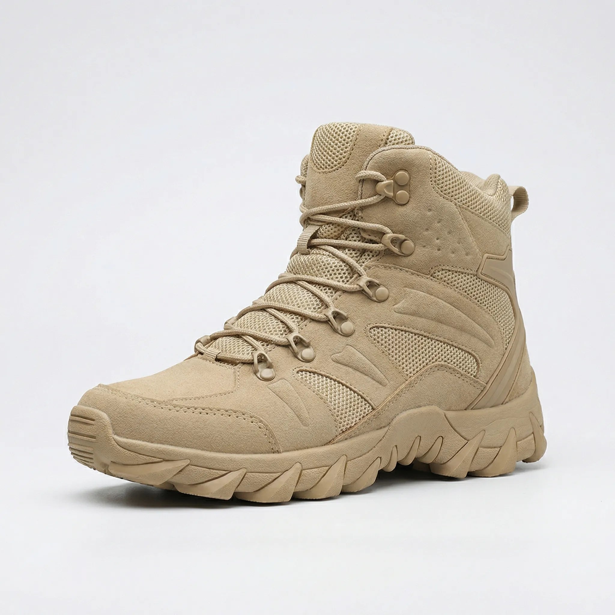 High hiking boot with ankle support and deep lug sole pattern
