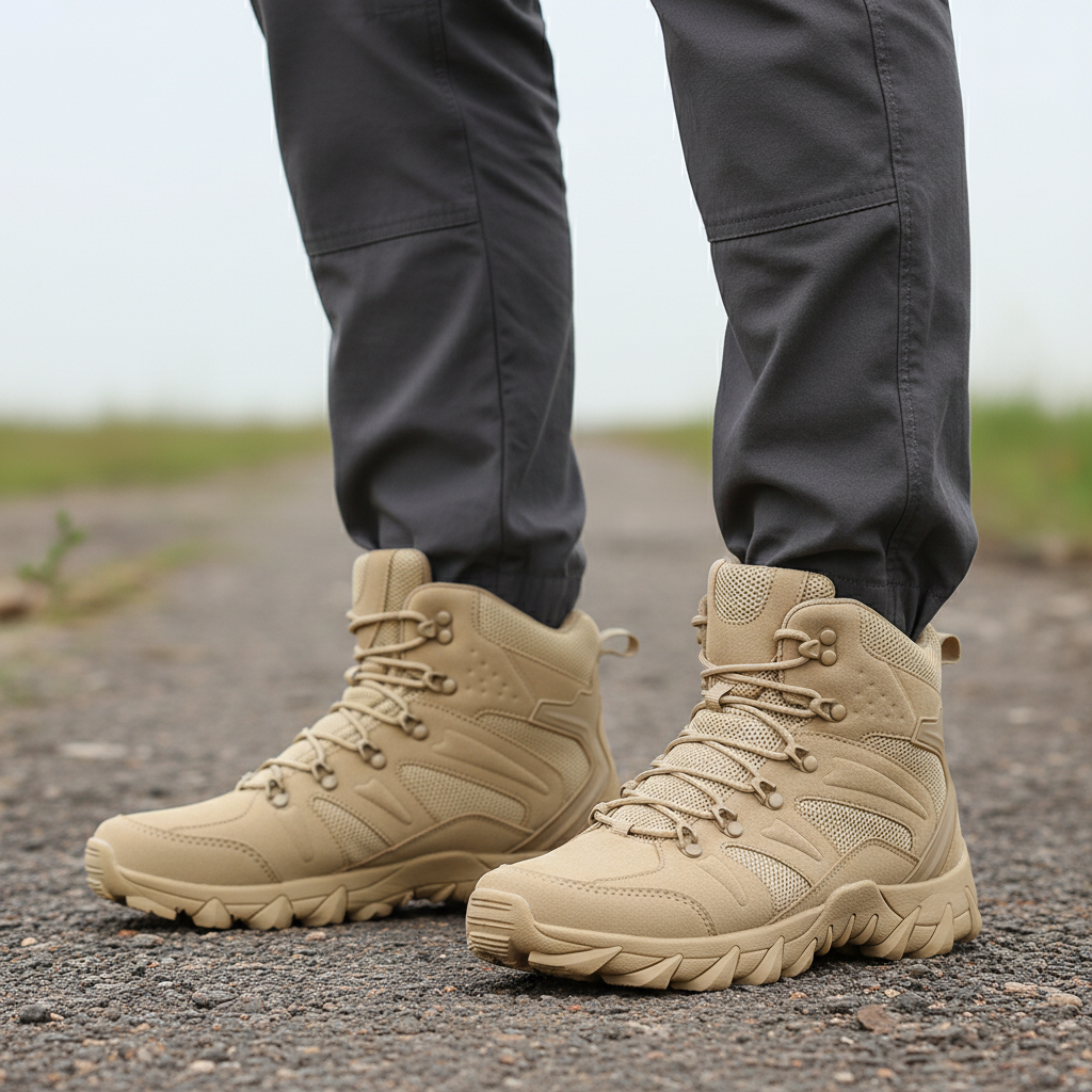 High hiking boot with ankle support and deep lug sole pattern