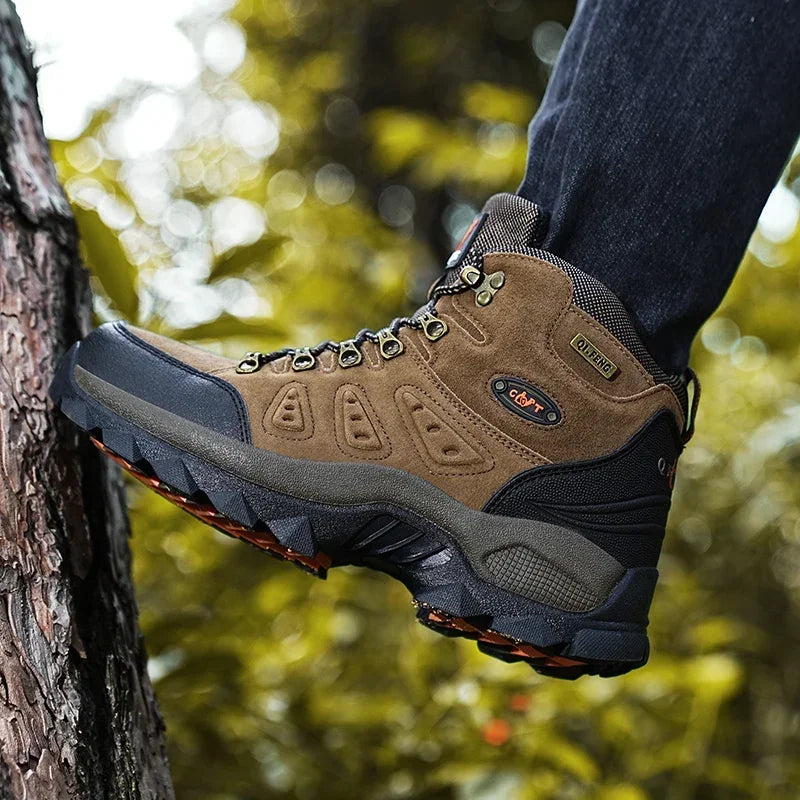 High-top hiking boots with deep tread pattern and padded ankle collar