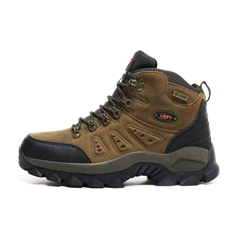 High-top hiking boots with deep tread pattern and padded ankle collar