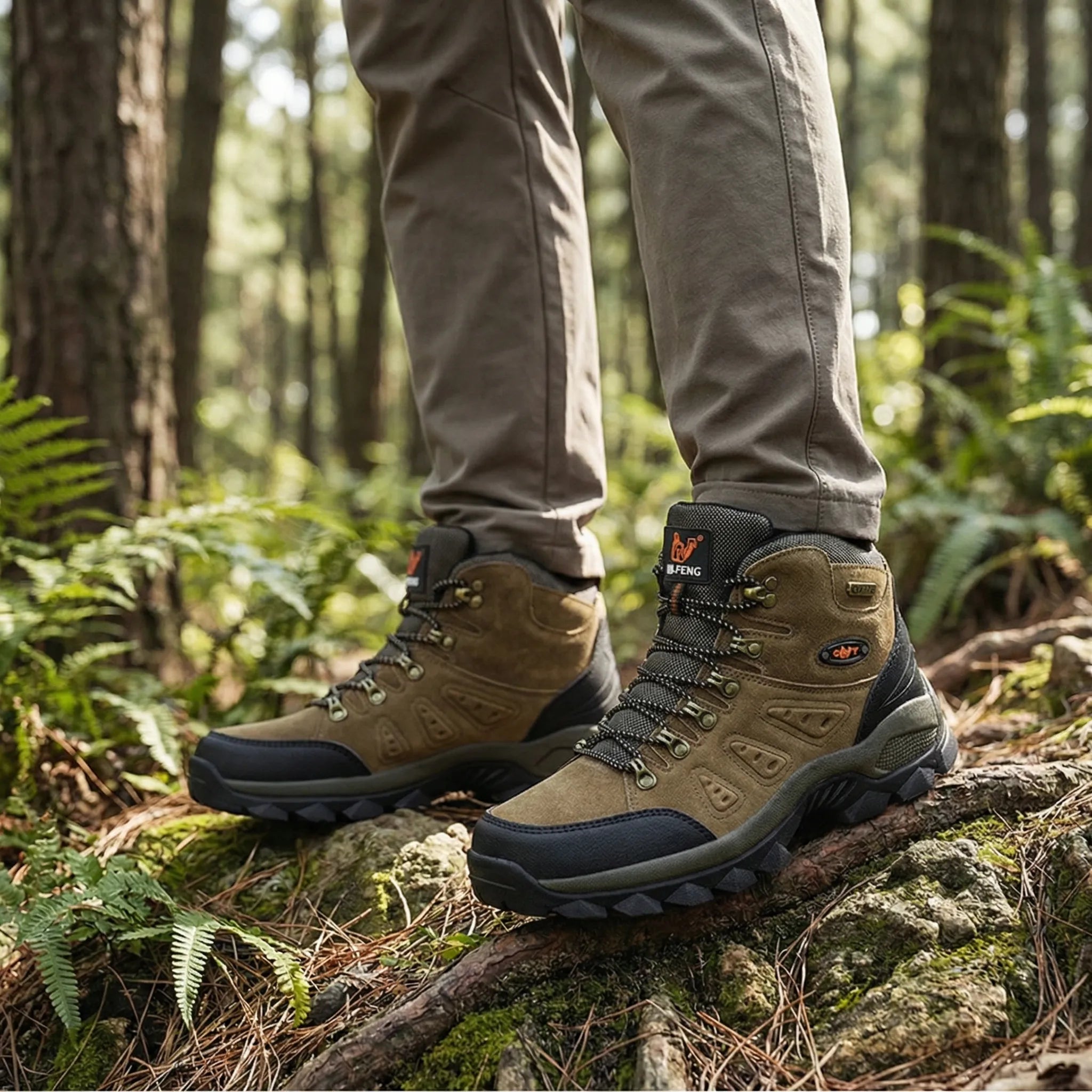 High-top hiking boots with deep tread pattern and padded ankle collar