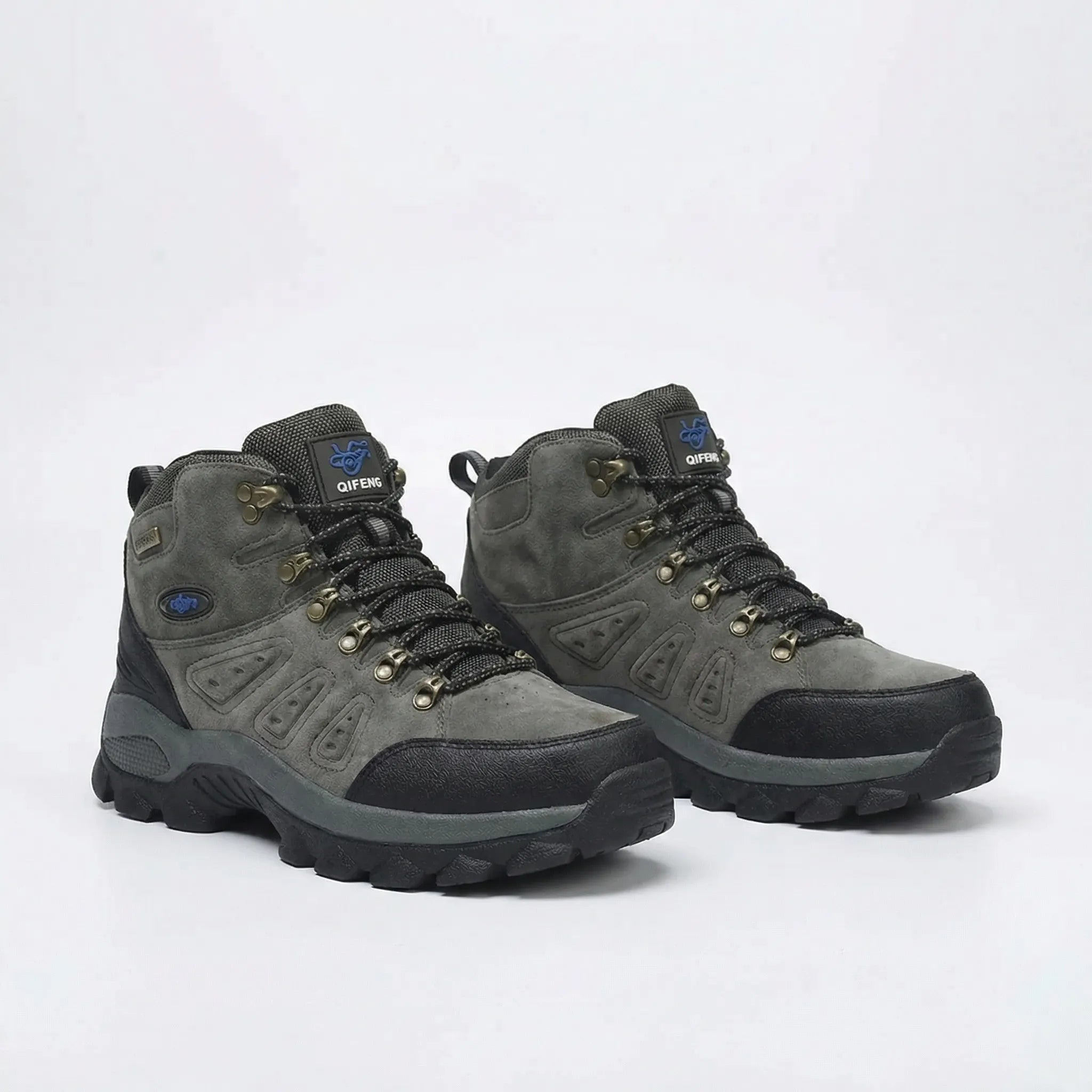 High-top hiking boots with deep tread pattern and padded ankle collar