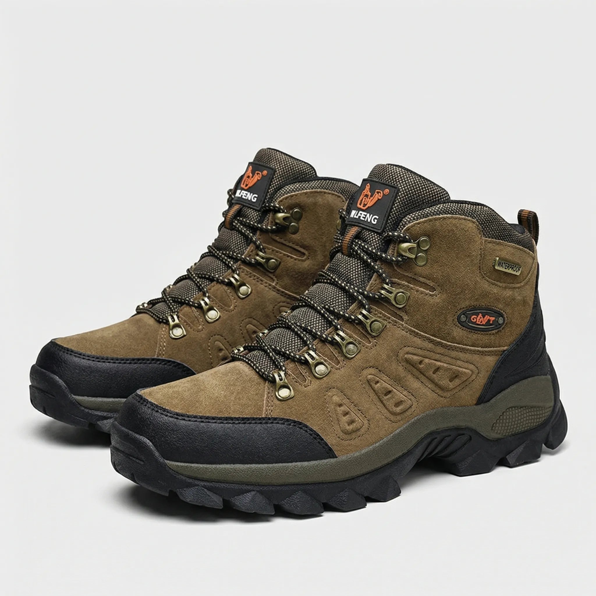 High-top hiking boots with deep tread pattern and padded ankle collar