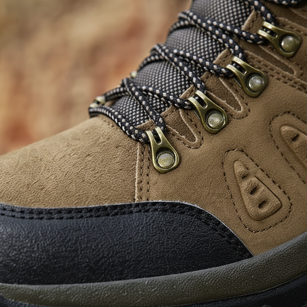 High-top hiking boots with deep tread pattern and padded ankle collar