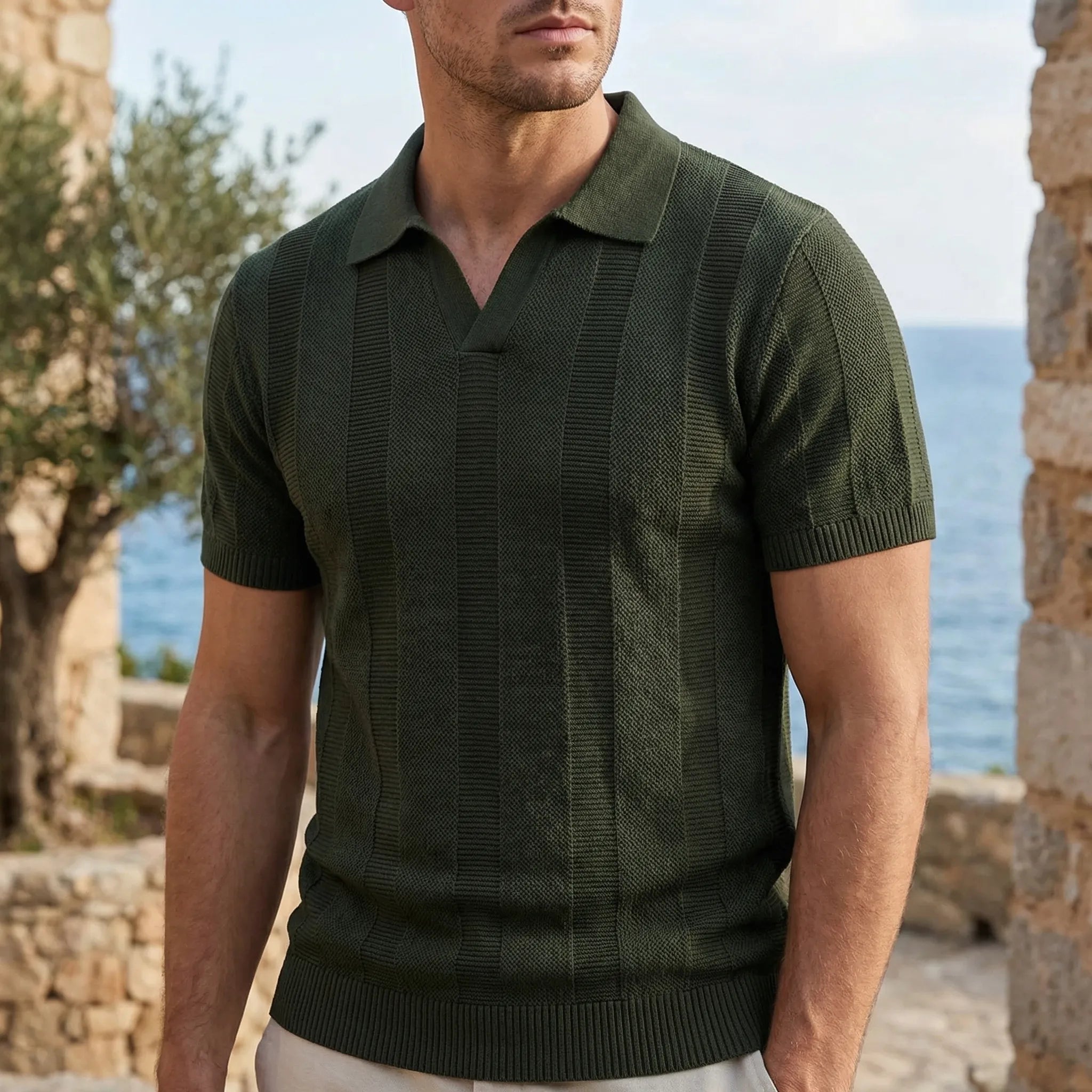 Celrien | Striped Knit Polo With Open Collar